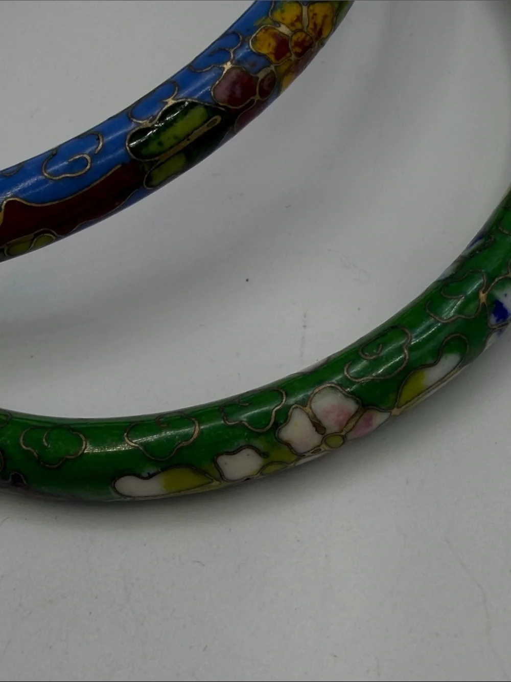 Vintage Cloisonné Enamel Bangle Bracelets Set of 2 Blue Green
